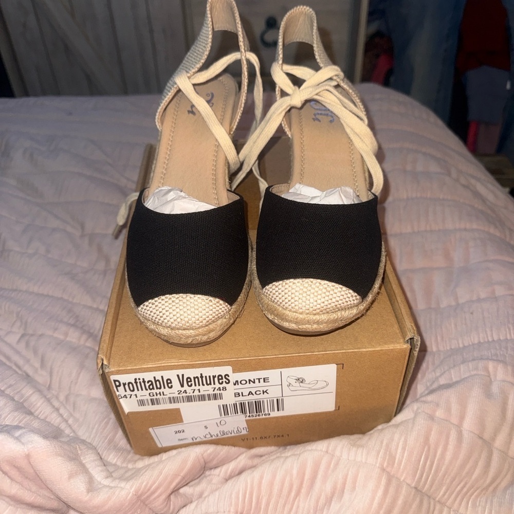 Montce Black and Cream Espadrille Wedge Sandals with Ankle Ties - Picture 2 of 11